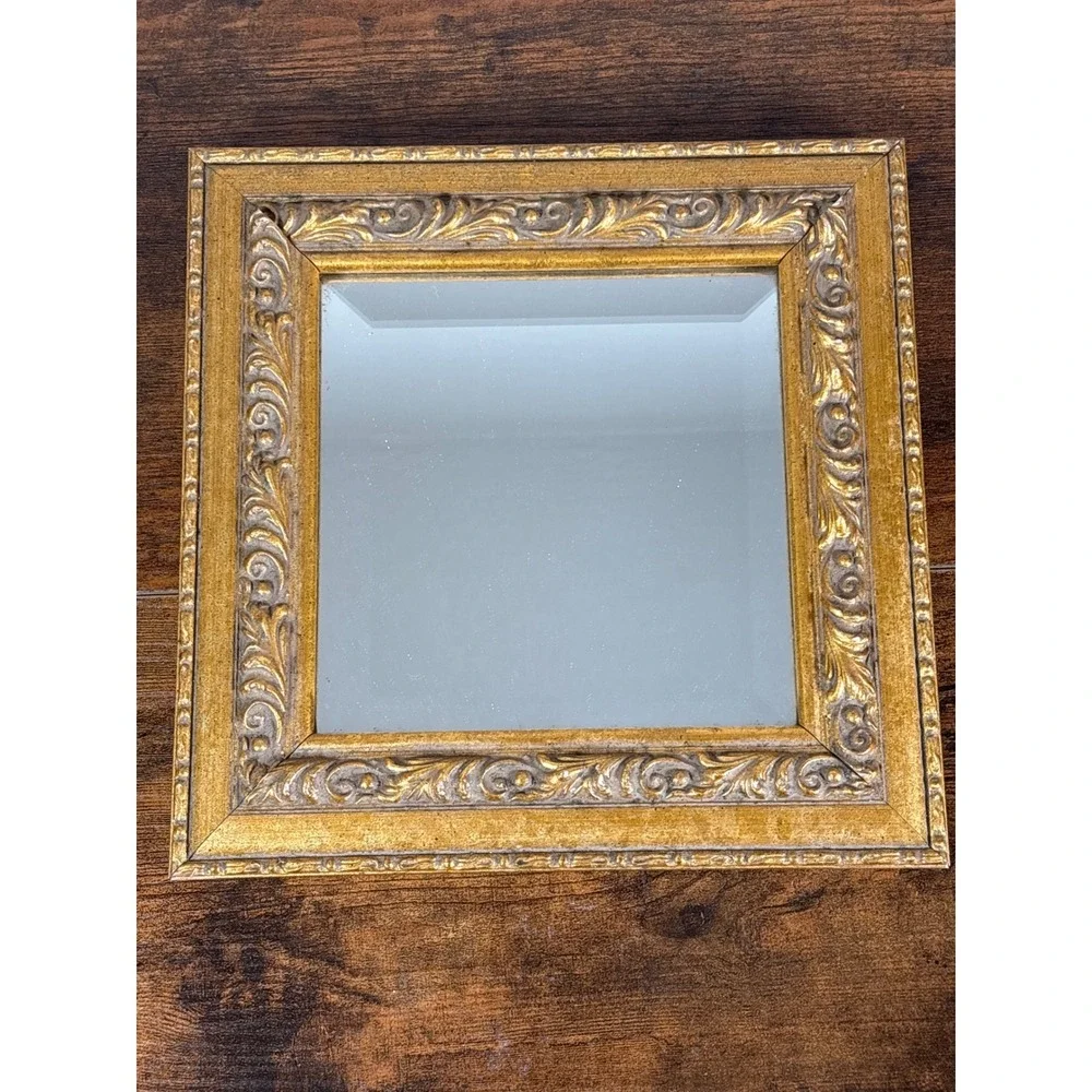 Robert-Grace Antiqued Gold Ornate Beveled Square Wall Mirror 8.75in Small Accent
